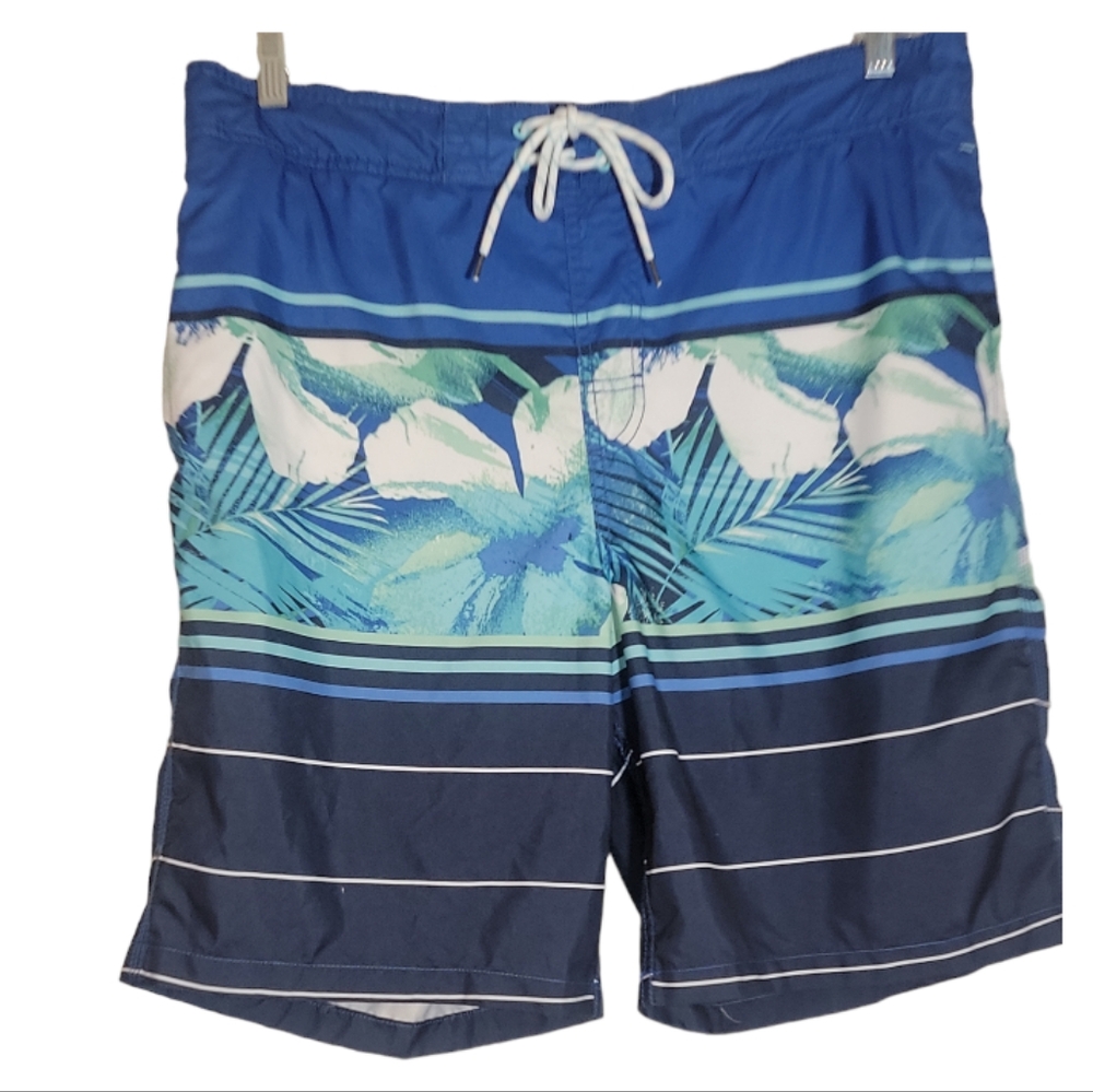 Goodfellow & Co men’s swim trunks tropical floral stripe blue white size large